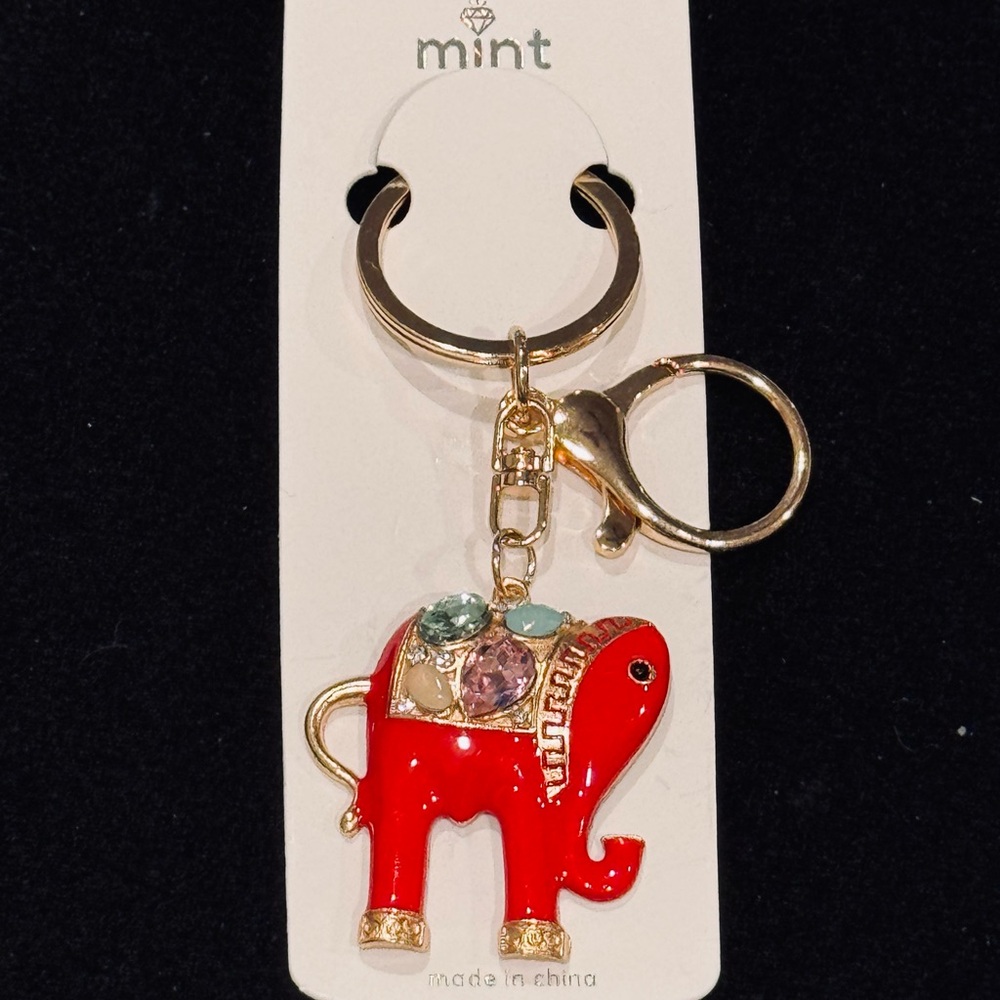 BAG CHARM Mint Jeweled Lucky Elephant Keychain - Red Gold Tone NWT